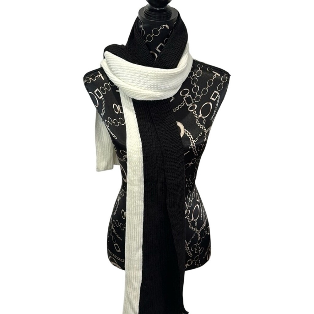 AQUA Black and White Striped Knit Scarf Soft One Size 76 x 18 inches